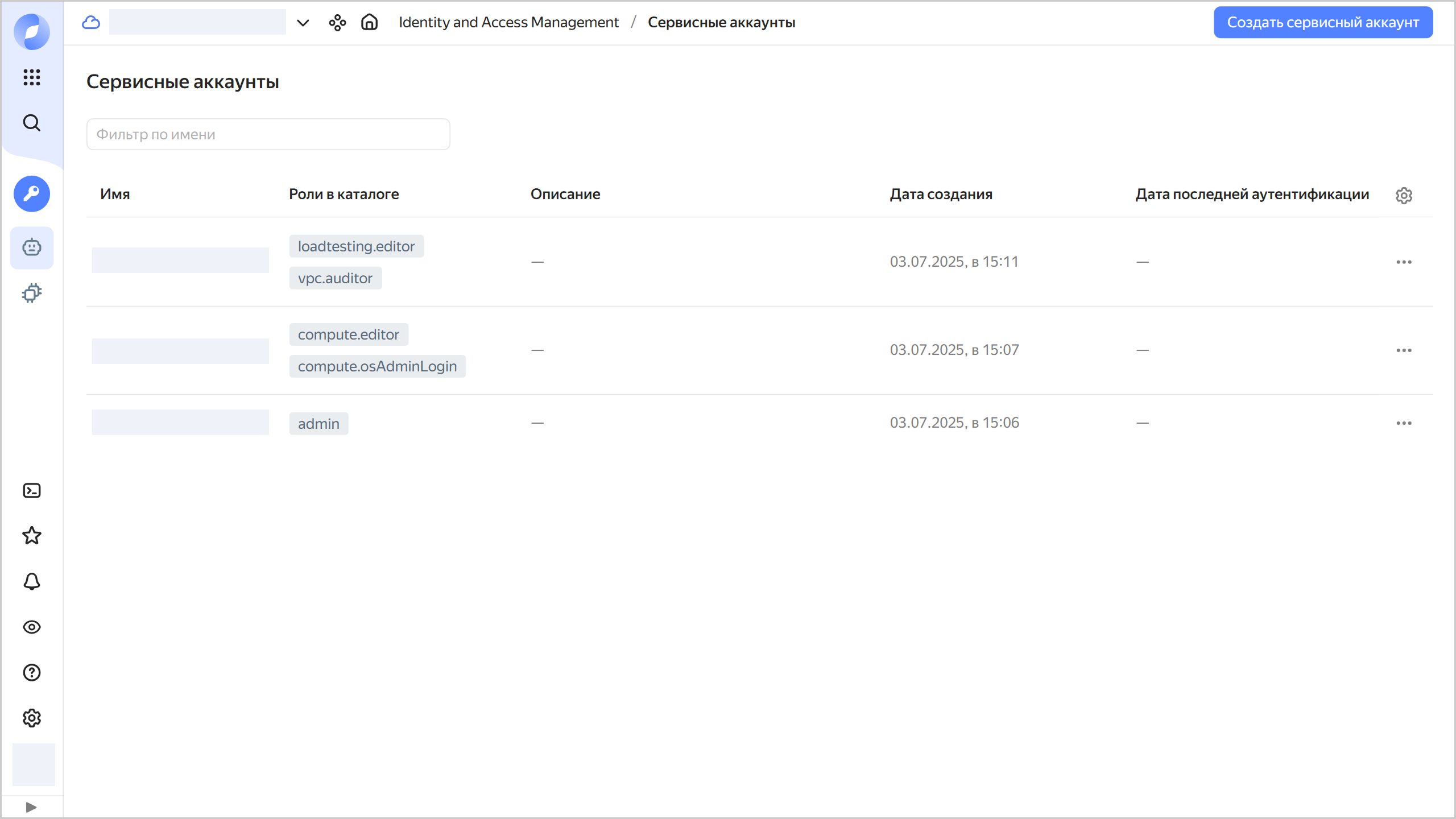 Список сервисных аккаунтов